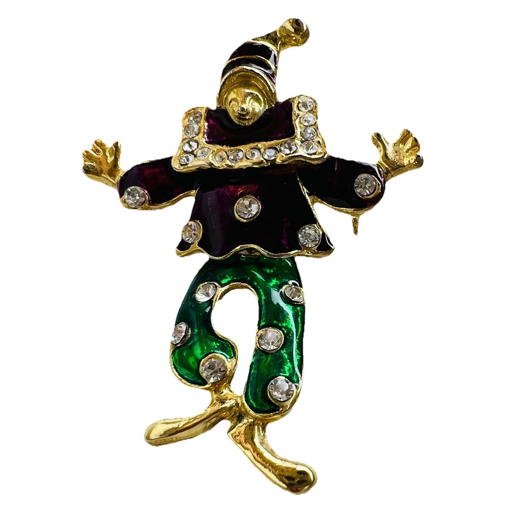 Vintage Red/Green Enamel Rhinestone Gold Tone Articulated Clown Pendant Brooch